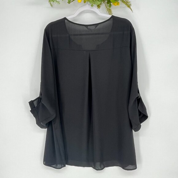 Agnes Orinda Black Roll Tab Sleeve Blouse 3X Sheer Chiffon Tunic Office Holiday - Picture 7 of 9